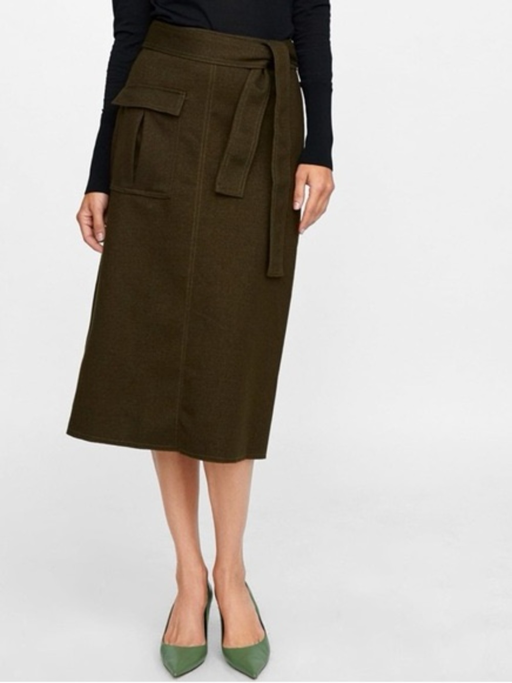 Zara Olive Green Brown Midi Skirt with Tie Belt